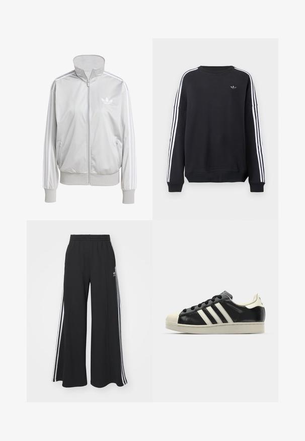 Light gray zip-up jacket with high collar, two side pockets, and white three-stripe accents on sleeves. Features embroidered logo on chest.; Black sweatshirt with long sleeves, white stripes running down each arm, and a small gray logo on the chest. Cotton material, casual fit.; Black wide-leg sweatpants with an elastic waistband, featuring white side stripes and an embroidered logo on the left thigh.; Black leather sneaker with white stripes, rubber toe cap, black laces, and a cream-colored outsole. Smooth texture with shiny finish.