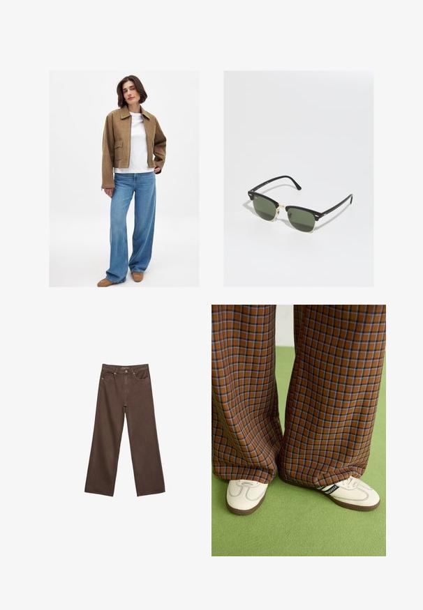 Hnedý semišový cropped kabát s špicatým golierom, pod ním biela košeľa, voľné modré džínsy a béžová obuv. Viditeľné jednoduché švy.; Námornícke tričko s krátkym rukávom s bielym kvetinovým grafickým motívom a textom "Kvetinový archív," "Spoločnosť Evermist Garden" a "Wild Flora Co."; Džínsy s širokými nohavicami v hnedej farbe, vyrobené z denimu, so zvýšeným pásom, prednými vreckami a klasickým zapínaním na gombík. Hladká textúra s jemným prešívaním.; Hnedé a modré kárované nohavice s širokými nohavicami skombinované s bielymi topánkami s čiernymi akcentmi a textúrovanými podrážkami, umiestnené na zelenom pozadí.; Čierne a zlaté slnečné okuliare so zelenými šošovkami, v mačacím tvare, s kovovými akcentmi a strukturálnym rámom.