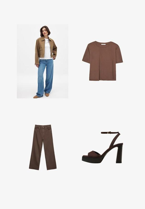 Rjav sukan kratek plašč s koničastim ovratnikom, pod njim bela srajca, ohlapne modre denim hlače in bež obutev. Vidne preproste šivane podrobnosti.; Rjava kratka majica s kratkimi rokavi iz mehkega materiala, s krožnim izrezom in ohlapnim krojem. Brez vidnih vzorcev ali dodatkov.; Široke rjave kavbojke iz denima, ki imajo visok pas, sprednje žepe in klasično zapiranje na gumb. Gladka tekstura s subtilnim šivom.; Rjave semiš sandale z visoko peto, odprto spredaj, z nastavljivim gležnjenjem in črtastim podplatom.