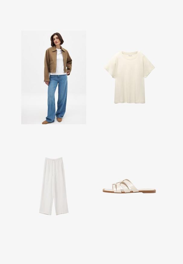 Brązowa zamszowa krótka kurtka z wyrazistym kołnierzem, biała koszula pod spodem, luźne niebieskie dżinsy i beżowe obuwie. Widoczne proste detale szycia.; Jasno beżowa, krótko rękawowa koszulka z okrągłym dekoltem, wykonana z miękkiego, gładkiego materiału. Posiada luźny krój i prosty dół.; Białe spodnie o szerokich nogawkach wykonane z lekkiego materiału. Posiadają elastyczny pas z sznurkiem i boczne kieszenie. Gładka tekstura.; Płaskie sandały z brązową gumową podeszwą, zaprojektowane z trzema nakładającymi się na siebie białymi skórzanymi paskami i małym detalem w postaci kokardy na środku.