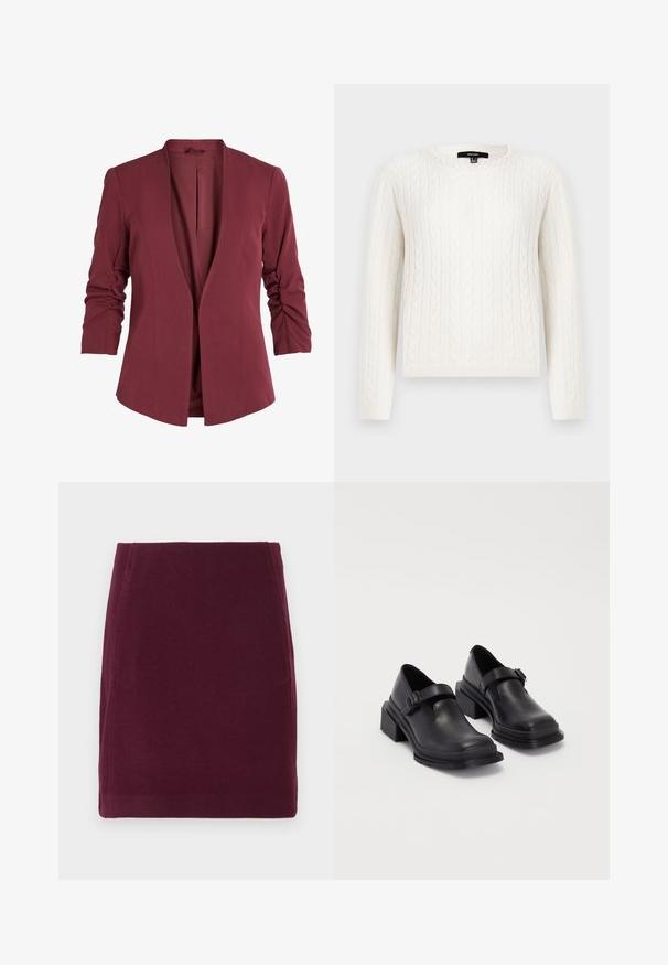 Bordó blézer sálgallérral, háromnegyedes, ráncolt ujjal és tiszta, nyitott elülső kialakítással. Simafazonú szövet.; Fehér, kötött pulóver, hosszú ujjal, kerek dekoltázzsal és dekoratív gyöngyös díszítéssel a galléron. Puha tapintású és testhezálló fazon.; Vero Moda VMFORTUNALLISON SHORT - A-vonalú szoknya - winetasting; Fekete bőr cipők lekerekített orral, lapos talppal és csattal díszített pánttal. Masszív blokk talp a megnövelt stabilitásért.