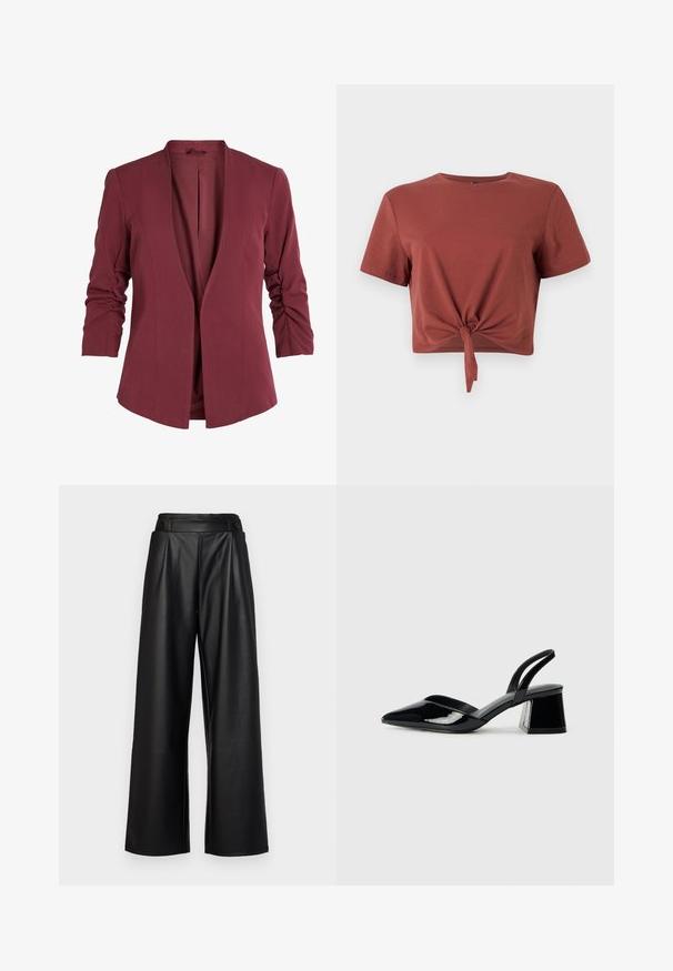 Viininpunainen bleiseri, jossa on huivikäännekaulus, kolmen neljänneksen hihat, joissa on kerätty yksityiskohta, sekä siisti, avoin edusta. Sileä kangaspinta.; Rusto-sävyinen lyhythihainen crop-top, joka on valmistettu pehmeästä puuvillasta ja jossa on solmittu etuosa. Sujuva pinta, pyöreä pääntie.; Mustat, leveälahkeiset nahkahousut, joissa on korkea vyötärö, laskokset ja edessä kaksi pyöreää nappia kiinnitystä varten.; Mustat patentoitu nahkakengät, joissa on säären takaosa ja terävä kärki, sekä geometrinen palikkakorko. Sisältää tyylikkään, minimalistisen muotoilun ja sileän pinnan.