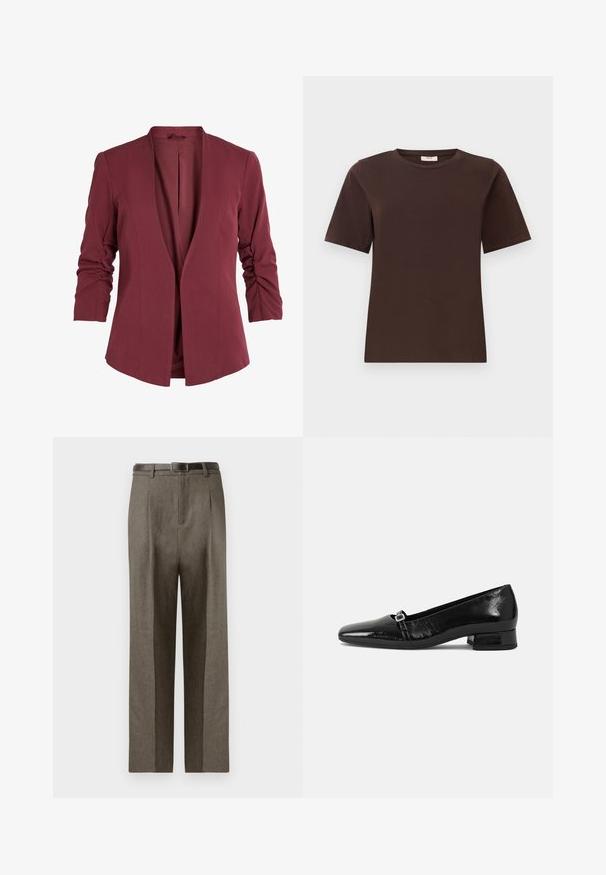 Bordo sako s ovratnikom šala, rukavima tri četvrtine s naboranim detaljem i čistim, otvorenim prednjim dizajnom. Glatka tekstura tkanine.; Smeđa pamučna majica s klasičnim okruglim izrezom, kratkim rukavima i ravnim rubom. Mekana tekstura, bez uzoraka ili ukrasa.; Smeđe krojene hlače ravnog kroja s glatkom teksturom, petljama za remen i ravnim prednjim dijelom.; Crne lakirane baletanke s ovalnim vrhom, niskom četvrtastom petom i malim metalnim detaljem kopče na remenu. Glatka tekstura.