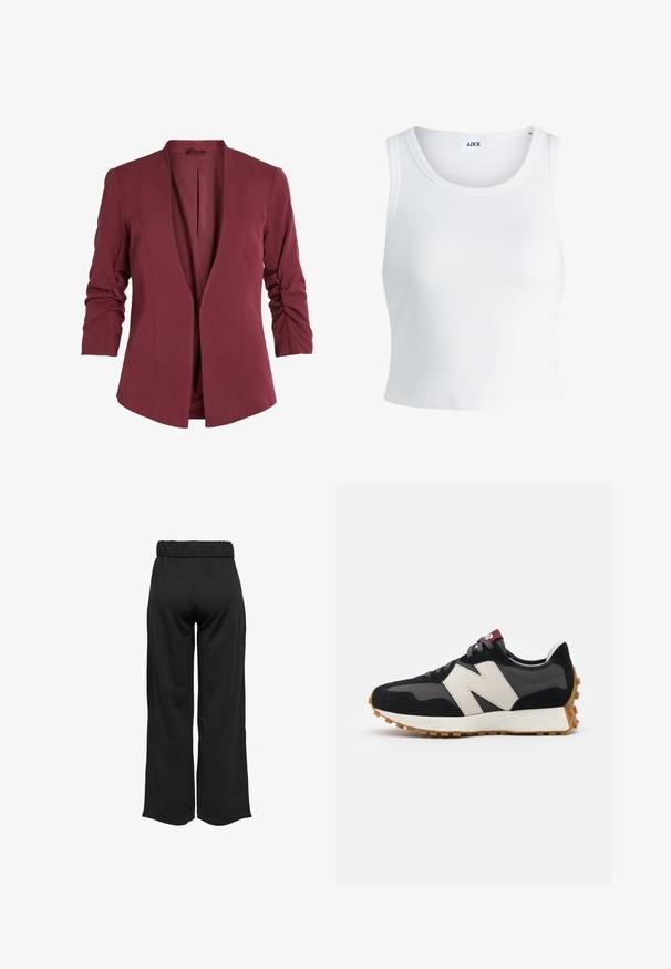 Bordó blézer sálgallérral, háromnegyedes, ráncolt ujjal és tiszta, nyitott elülső kialakítással. Simafazonú szövet.; Fehér bordás ujjatlan top, kerek nyakkivágással és rövid hosszal. A címke szerint "JJXX". Sima szövettextúra.; Fekete, bővülő szárú nadrág, elasztikus derékkal, sima anyagból készült. Tiszta dizájn jellemzi, zsebek és látható varrási részletek nélkül.; Fekete és szürke velúr sportcipő nagy krémszínű "N" logóval, lila fűzőkkel és texturált gumi talppal.