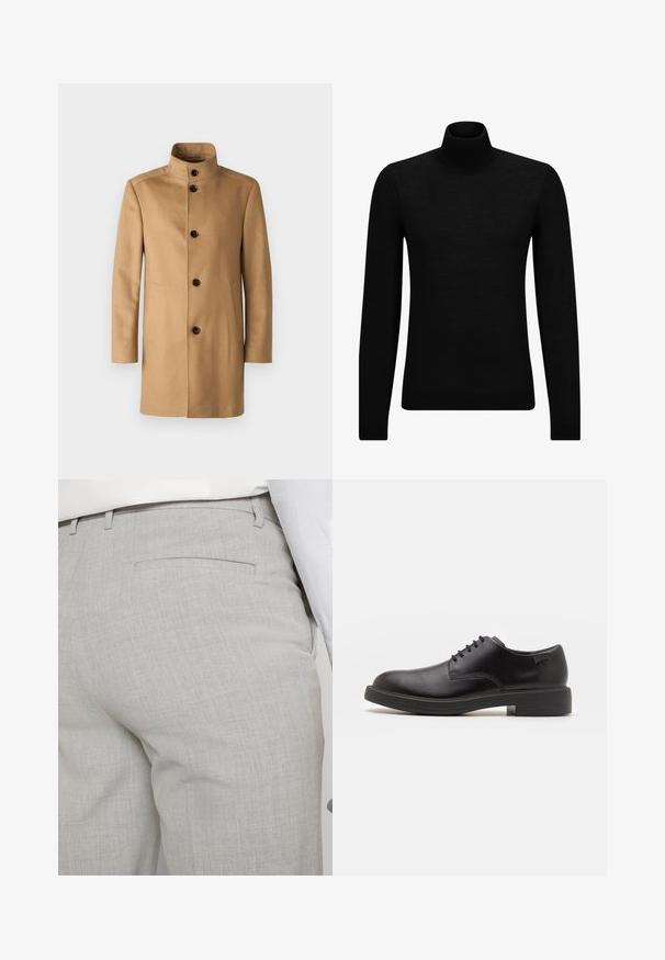 JOOP! MARON - Palton clasic - rust/copper; Pulover negru cu guler înalt, realizat dintr-un material moale, cu mâneci lungi și o croială ajustată. Tiv și mansete cu margine ondulată. Design simplu.; Pantaloni gri deschis croiți, dintr-un material texturat, cu un singur buzunar pe spate și cusături curate.; Pantofii din piele neagră, cu șireturi, au vârful rotunjit, o textură netedă, cusături minime și un toc de cauciuc scăzut. Logo pe toc.