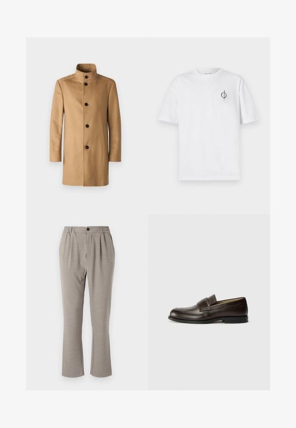 JOOP! MARON - Klasikinis paltas - rust/copper; Balta medvilninė marškinė su laisvu siluetu, su mažą juodą grafiką logotipą kairėje krūtinės pusėje. Trumpomis rankovėmis, apvaliu kaklu.; Šviesiai pilki kelnes su laisvu siluetu, pagamintos iš minkštos medžiagos, su elastinga juosmine, klostėmis ir vienu mygtuko užsegimu.; Calvin Klein Įmautiniai batai - cocoa brown