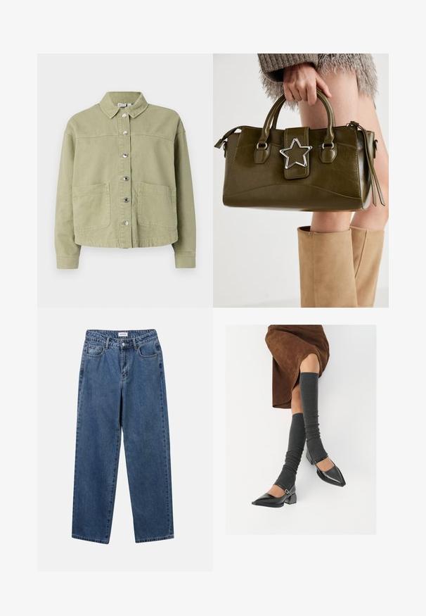 Light green, cotton jacket with a collar, button front, two chest pockets, and long sleeves. Smooth texture with a relaxed fit design.; Soft knit sweater with horizontal fuzzy stripes in shades of pink, purple, and light gray, featuring a round neckline and long sleeves.; Classic blue denim jeans with a straight-leg design, five pockets, and a button closure. Features a medium wash and sturdy texture.; Black patent leather pointed-toe shoes with a block heel and ankle strap, paired with gray ribbed leg warmers and a brown suede skirt.; Olive green faux leather handbag with silver star accent, dual handles, and a zip closure. Textured surface and structured shape.