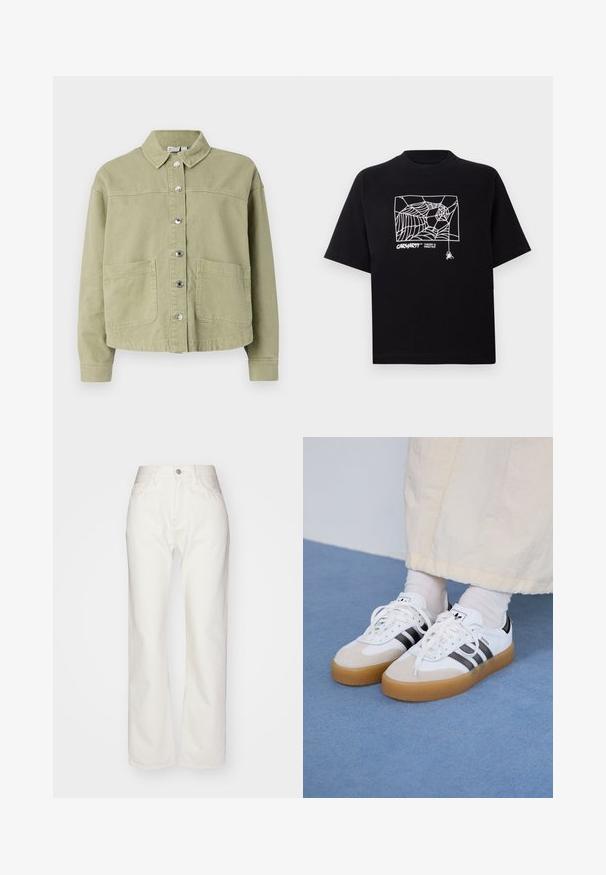 Világoszöld, pamut dzseki álló gallérral, gombos előlappal, két mellzsebbel és hosszú ujjal. Simaságú anyag, laza szabású dizájn.; Fekete pamut póló rövid ujjakkal. Elülső részén fehér pókhálós grafika és logó található. Egyszerű, kerek nyakú.; Fehér farmerszabás nadrág magas derékkal és bővülő fazonnal. Gombos és cipzáras záródás, övhurkok és visszafogott varrási részletek jellemzik.; Fehér sportcipő fekete csíkokkal és bézs velúr részletekkel. Texturált gumi talppal és lapos fehér fűzőkkel rendelkezik, világos színű zoknival viselve.