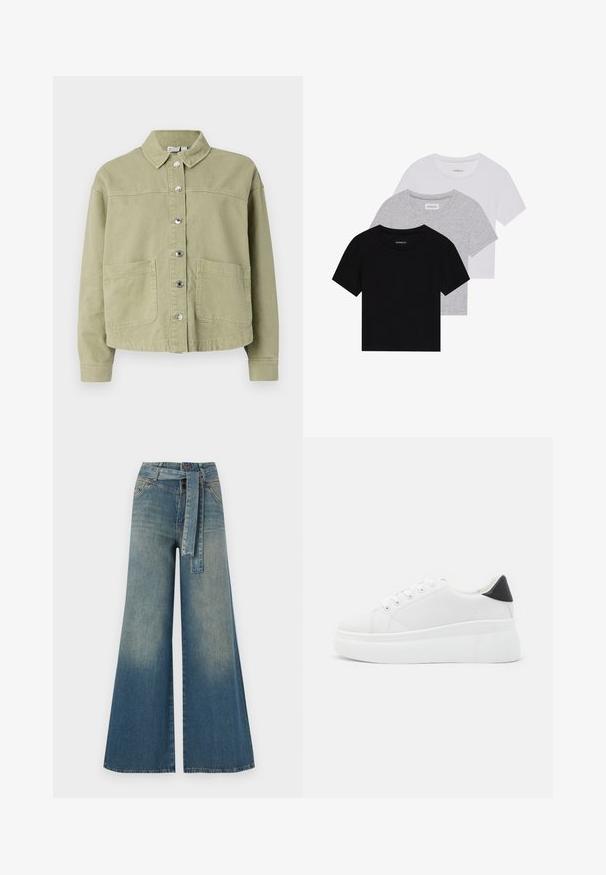 Vihreä, puuvillasta valmistettu takki, jossa on kaulus, nappikiinnitys, kaksi rintataskua ja pitkät hihat. Sujuva pinta ja rento istuvuus.; Kolm lyhythihaista t-paitaa mustana, harmaana ja valkoisena. Valmistettu puuvillasta, jossa on pyöreä kaula-auko ja yksinkertainen, tasavärinen muotoilu.; Yksiväriset farkut leveällä lahkeella, joissa on vaaleasta tummansiniseen häipyvä väri, korkea vyötärö, vyölenkit ja yhteensopiva kangasvyö. Rakennefarkkujen pinta.; Valkoiset alustasneakerit, jotka on valmistettu sileästä synteettisestä materiaalista. Niissä on pyöreä kärki, nauhakiinnitys ja teksturoitu kumipohja. Musta kantakorko korostaa ilmettä.