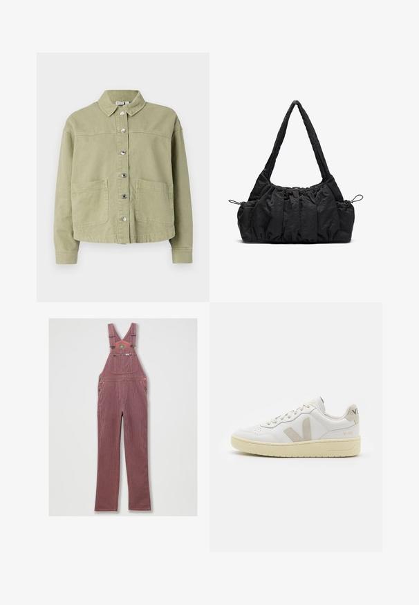 Lys grøn, bomuldsjakke med krave, knaplukning foran, to brystlommer og lange ærmer. Glat tekstur med en afslappet pasform.; Kort top i off-white strikmateriale. Lange ærmer med ribbet struktur og små udskæringer omkring halsudskæringen.; Rødstribet denimoverall med justerbare skulderstropper, stor frontlomme og sidelommer. Har metalhardware og en stikling.; Hvide lærreds sneakers med beige ruskindsdetaljer, perforeret tåboks, flade snørebånd og en struktureret cremefarvet sål. Har diskret branding på hælen.; Sort stof handbag med samlede strukturer, to skulderremme og snorelukning i siderne. Glat, let materiale.