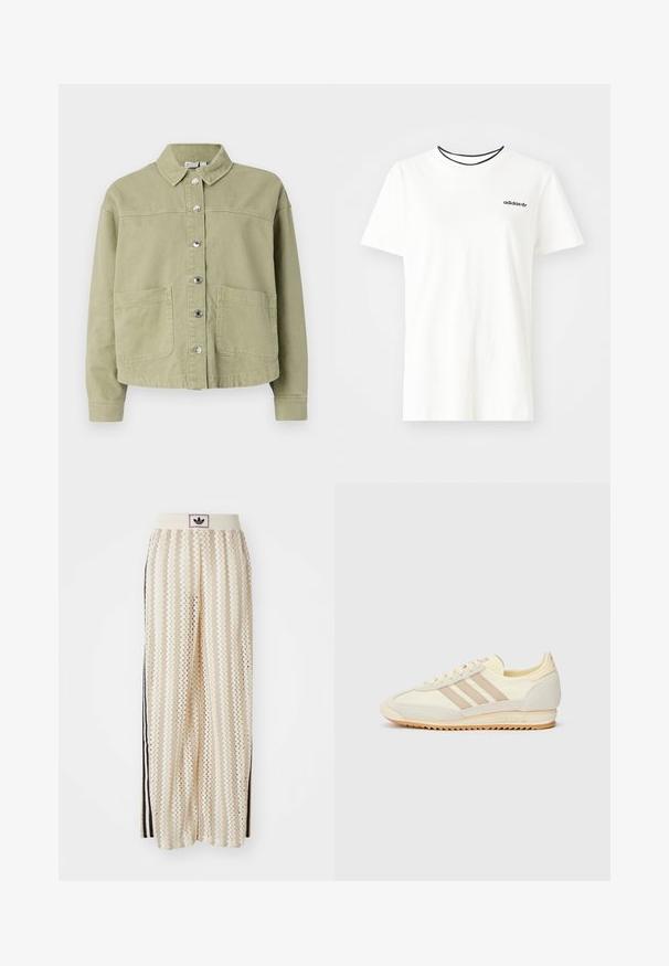 Veste en coton vert clair avec col, fermeture à boutons, deux poches poitrine et manches longues. Texture lisse avec un design décontracté.; T-shirt en coton blanc à manches courtes et à encolure ronde. Présente un logo Adidas noir sur la poitrine et un col intérieur noir contrastant.; Pantalons larges crème avec un motif en zigzag, dotés d'une ceinture logo noire et de bandes noires sur les côtés. Tissu léger et texturé.; Sneaker athlétique crème avec trois rayures beiges, en matériaux en suède et textile, une semelle texturée et une marque en relief sur le talon.