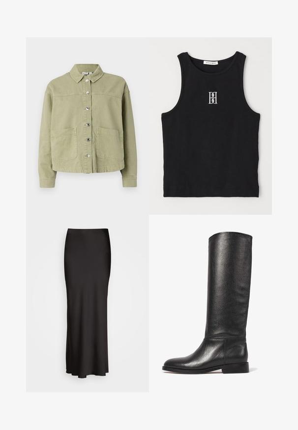 Hele roheline puuvillane jakk krae ja nööbivarrukatega, kahe rinna-taskuga ja pikkade varrukatega. Sile tekstuur ja mugav lõige.; Must räbal top, millel on ümmargune kaelus ja valge tikitud logo. Kangas on siledast tekstuurist ja keha lähedane lõige.; Mustast, põrandani ulatuvast satiinirest, millel on sile tekstuur, sobituv vöökoht ja A-tähe siluett, ilma nähtavate kaunistuste või mustriteta.; Knee-high must katte nahkkingad tekstuuriga pinnaga, ümar varvas, sile varreosa ja madal klotsikeel. Minimalistlik disain, ilma nähtava riistvarata.