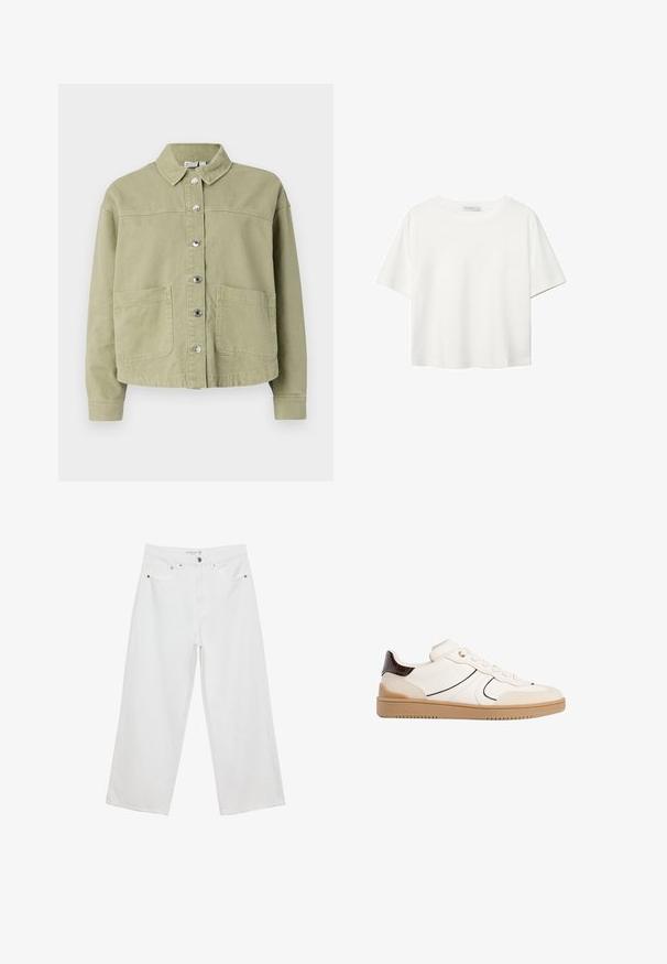 Lys grøn, bomuldsjakke med krave, knaplukning foran, to brystlommer og lange ærmer. Glat tekstur med en afslappet pasform.; Hvid kortærmet t-shirt lavet af bomuld. Har en rund halsudskæring og en afslappet pasform. Glat tekstur uden synlige mønstre eller detaljer.; Hvide bukser med bred benvidde lavet af denim med høj talje, der har fem lommer og metalhardware. Glat tekstur, uden synlige mønstre.; Stradivarius Sneakers - white
