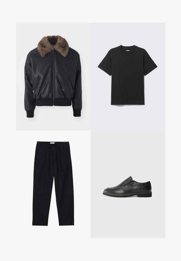 Black leather bomber jacket with a faux fur collar, ribbed cuffs and hem, and two front zippered pockets. Smooth texture, sleek design.; Black short-sleeve T-shirt made of soft cotton, featuring a round neckline and simple design without patterns or accents.; Pier One Chinos - black; Black leather slip-on shoe with a smooth upper, stitched accents, rounded toe, and a low rubber heel. Sole features minimal tread.