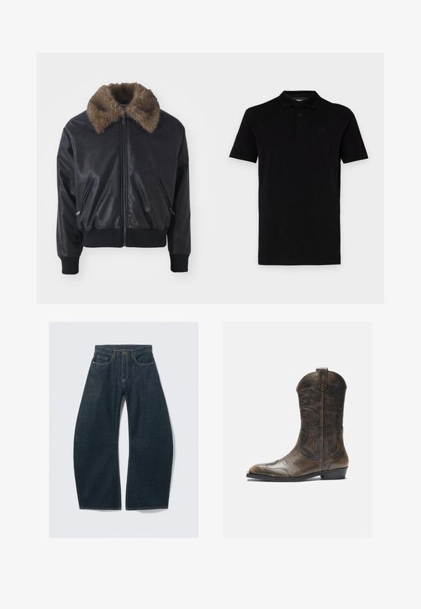 Čierna kožená bomber bunda s umelou kožušinou na golieri, rebrovanými manžetami a spodným okrajom, a dvoma prednými zipsovými vreckami. Hladká textúra, elegantný dizajn.; Čierna polokošeľa s krátkymi rukávmi, vyrobená z hladkej látky. Má klasický golier a trojica gombíkov, s decentným logom na hrudi.; Tmavomodré džínsy s širokými nohavicami vyrobené z denimu, obsahujúce päť vreciek, viditeľné švy, zapínanie na gombík a čistý vzhľad.; Hnedá kožená kovbojská topánka s vysokým ťahom, špicatou špičkou, zložitými vyšívacími vzormi a malým opätkom. Textúrovaný povrch po celom obvode.