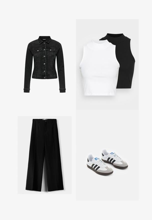 Schwarze Denimjacke mit langen Ärmeln, Knopfverschluss, zwei Brusttaschen und taillierter Passform. Mit klassischem Kragen und sanften Verwaschungen.; Zwei ärmellose, gerippte Rollkragenoberteile in Schwarz und Weiß, mit einer figurbetonten Passform und glatter Textur sowie einer cropped Länge.; Schwarze weite Hosen aus leichtem Stoff, mit einem Knopfverschluss vorne und flachem Bund, mit sorgfältig genähten Säumen.; Sportschuhe mit einem Obermaterial aus weißem Leder, grauer Wildleder-Zehenkappe und drei schwarzen Streifen. Sie verfügen über ein blaues Logo auf der Zunge und eine strukturierte Gummisohle.