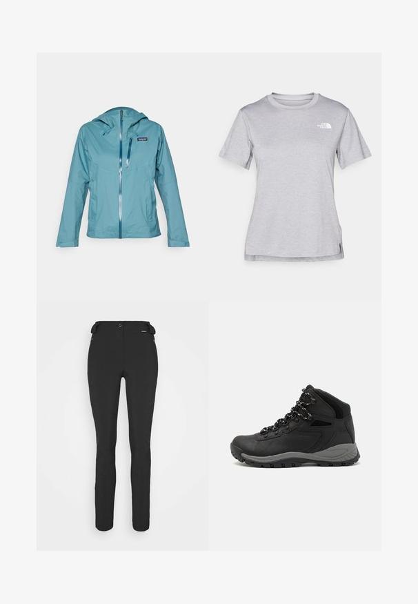 Casaco azul claro, resistente à água, com capuz, fecho frontal e dois bolsos laterais. Textura suave e tecido leve com um design minimalista.; T-shirt cinza de mangas curtas feito de um tecido suave e que absorve a humidade. Apresenta um decote redondo e um pequeno logotipo branco na parte superior esquerda.; Calças pretas, ajustadas, feitas de um material flexível. As características incluem um bolso lateral com fecho éclair, joelhos articulados e uma textura suave.; Bota de caminhada preta com design de cano médio, apresentando um upper texturizado, detalhes cinzentos e sola de borracha durável com cravos de tração.