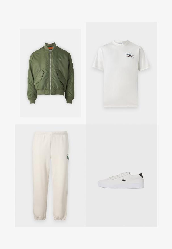 Casaco bomber verde oliva com fecho frontal, punhos de malha e dois bolsos frontais. Apresenta um pequeno logotipo no lado esquerdo do peito e um forro interior em contraste.; T-shirt de algodão branco com decote redondo, mangas curtas e um pequeno logótipo bordado apresentando montanhas e texto no lado esquerdo do peito.; Sweatpants beige claros feitos de algodão, com um cós elástico, punhos canelados e um logótipo verde com desenho de folha na perna esquerda.; Sapatilha de couro branco com biqueira arredondada, atacadores na frente e detalhe preto no calcanhar. Apresenta um pequeno logótipo de crocodilo bordado na lateral.