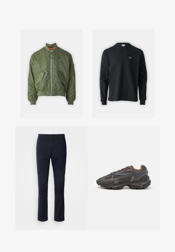 Olive green bomber jacket with a zip front, ribbed cuffs, and two front pockets. Features a small logo on the left chest and contrasting inner lining.; Black long-sleeve t-shirt made of cotton, featuring a round neckline and a small green embroidered crocodile logo on the left chest.; Navy blue trousers made of smooth fabric, featuring a straight leg design, belt loops, and a button closure with a zip fly.; Lacoste sneakers in dark gray with mesh and synthetic material, featuring a textured sole and brown accents on the collar and branding.