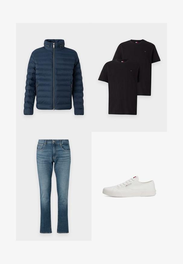 Casaco tipo puffer azul marinho com gola alta, fecho de correr e bolsos laterais. Apresenta costura horizontal para isolamento e uma textura suave.; T-shirts de algodão pretos, com decote redondo, mangas curtas, apresentando um pequeno logótipo bordado no peito. Vendidos em embalagem de dois.; Calças de ganga azul claro com um design de perna reta, apresentando um fecho de zipper, botão de fecho e estilo de cinco bolsos com um leve desbotado.; Tênis brancos de canvas com sola de borracha plana, bico redondo e cinco pares de ilhós, apresentando uma pequena etiqueta de logotipo na lateral.