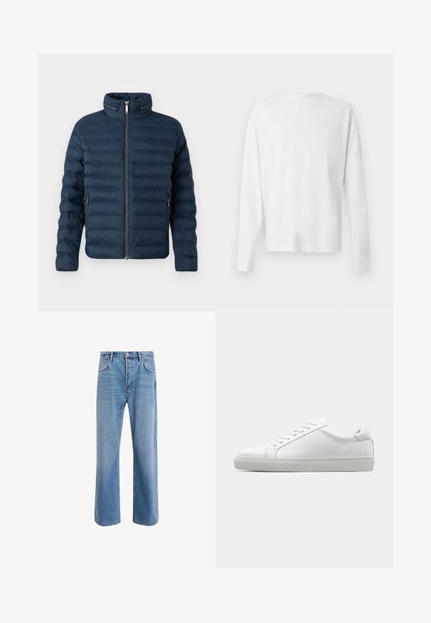 Mørkeblå dunjakke med høy krage, glidelås og sidelommer. Har horisontale sømmer for isolering og en glatt tekstur.; Langermet hvit bomullsskjorte med rund hals, sidespalter nederst og en jevn tekstur, vist fra baksiden.; Lys blå denimjeans med rett ben-design, fem lommer, knappeåpning, minimal falming og kontrasterende sømdetaljer.; Hvit sneakers med en glatt skinnoverdel og lav profil. Har en rund tå, seks snøring hull, og en teksturert gummisåle.