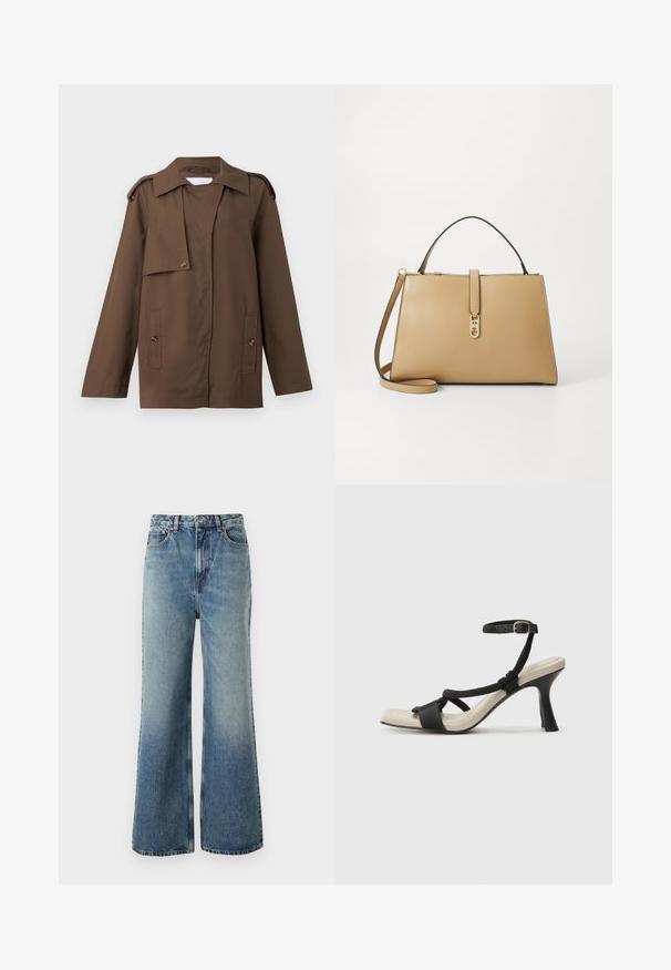 Brown cotton jacket featuring a spread collar, shoulder epaulettes, buttoned front, and two patch pockets at the waist.; Black and beige floral blouse with a relaxed fit, round neckline, and puff sleeves. Features ties at the neckline and elastic cuffs.; Light blue denim jeans with a high waist, wide-leg cut, slight fading, and contrast stitching; features front pockets and a button closure.; Black heeled sandal with braided strap design, square toe, and adjustable ankle strap. Light beige footbed with a glossy black heel.; Tommy Hilfiger LIBRE SATCHEL - Handbag - safari