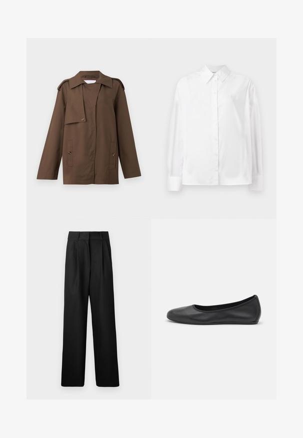 Ruda medvilninė striukė su plačiu apykakle, pečių epauletėmis, mygtukų uždarymu priekyje ir dviem kišenėmis prie juosmens.; Baltas ilgas rankovėmis marškiniai su mygtukais, pagaminti iš lygaus medvilnės mišinio. Yra klasikinė apykaklė, priekinis mygtukų uždarymas ir apvalios rankogaliai.; Juodos plačios kojų kelnės su lygiu paviršiumi, su priekinėmis raukšlėmis ir aukštu liemeniu. Pagamintos iš lengvo audinio.; Juodai odiniai baletai su apvaliu pirštu, lygi texture, minimalus siuvimo detales ir lanksčiu padų dizainu.