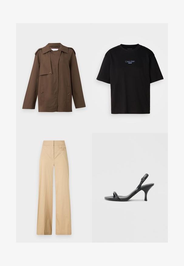 Rjava bombažna jakna z razširjenim ovratnikom, ramenskimi epoleti, gumbom spredaj in dvema žepoma na pasu.; Črna bombažna majica s krožnim izrezom, kratkimi rokavi in modrim vezenim logotipom "Calvin Klein JEANS" na sprednji strani.; Beige široke hlače iz mešanice bombaža. Imajo gladko teksturo, elastičen pas in stranski gumbov detajl.; Črne usnjene visoke sandale s tankim, ukrivljenim petam in obliko križanih trakov. Nastavljiv trak okoli gležnja. Gladka tekstura.