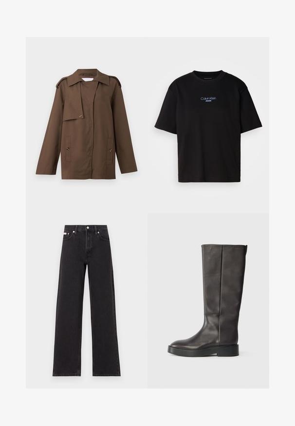 Barna pamut dzseki terjesztett gallérral, vállpántokkal, gombos elülső résszel és két zsebfedeles zsebbel a deréknál.; Fekete pamut póló kerek nyakkal, rövid ujjú, elöl kék hímzett "Calvin Klein JEANS" logóval.; Fekete, bőszárú farmernadrág, magas derekú, öt zsebes kialakítással és fém gombos záródással, kontrasztos varrással.; Fekete, térd felett érő bőr csizma vastag talppal és diszkrét Calvin Klein logóval a felső széle közelében, oldalnézetből bemutatva.