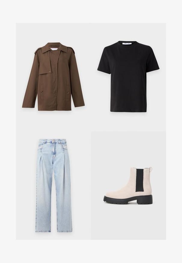 Brun bomullsjakke med skjortekrage, skulderepauletter, knappestenging foran og to påsydde lommer i livet.; Svart kortermet t-skjorte laget av myk bomull, med rund hals, avslappet passform og en jevn tekstur. Ingen synlige mønstre eller grafikk.; Lyseblå denimjeans med høy livlinje, vide ben, to sidelommer og plisserte detaljer. Myk tekstur med en falmet finish.; Beige semsket Chelsea-støvel med svart elastisk sidepanel, kraftig svart såle og trekkflik ved ankelen.