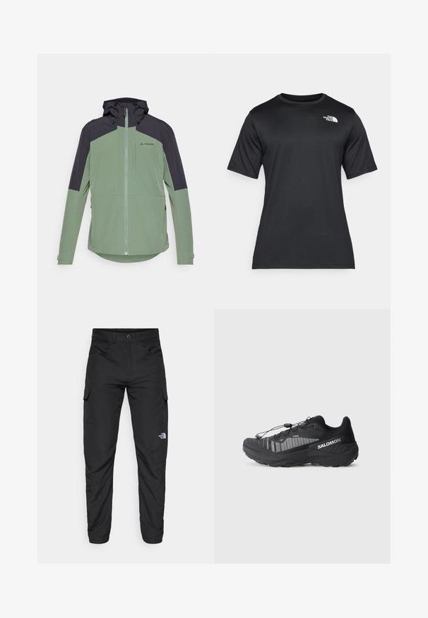Giacca a zip verde e grigio scuro, con cappuccio, design a pannelli a contrasto e polsini regolabili. Realizzata in materiale leggero e traspirante.; T-shirt nero a maniche corte realizzato in tessuto leggero e traspirante. Presenta un logo bianco sul lato sinistro del petto e un collo a giro.; The North Face HORIZON PANT - Pantaloni outdoor - black; Scarpa da trail running nera con tomaia in mesh testurizzato, dettagli riflettenti, suola ammortizzata e sistema di allacciatura elastico. Logo sul lato.