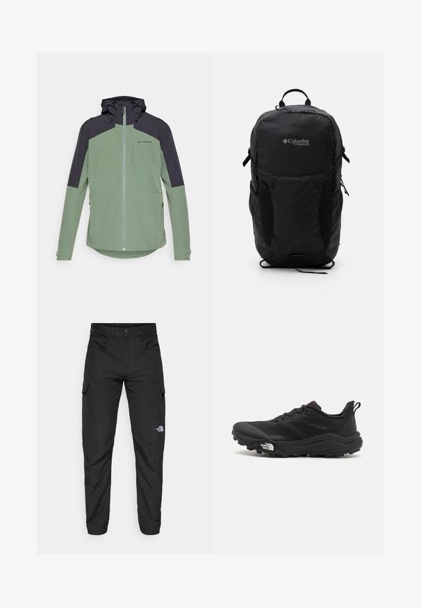 Zeleno in temno siva zip-up jakna, ki vključuje kapuco, kontrastno panela zasnovo in nastavljive manšete. Narejena iz lahkega, zračnega materiala.; Črna kratkosleevena majica iz lahkotnega materiala. Ima majhen bel logo na levem prsnem delu in diskretne poudarke na ramenskem predelu.; The North Face HORIZON PANT - Hlače za na prostem - black; Črne tekaške čevlje za trail s teksturirano zgornjega dela, gumijastim podplatom in ojačanim zaključkom prstov. Vključuje oblazinjen ovratnik in zanko za enostavno obuvanje.; Črn nahrbtnik Columbia Titanium z gladko teksturo blaga, stranskimi žepi, zgornjim ročajem in nastavljivimi trakovi. Minimalistična zasnova z diskretnim logotipom.