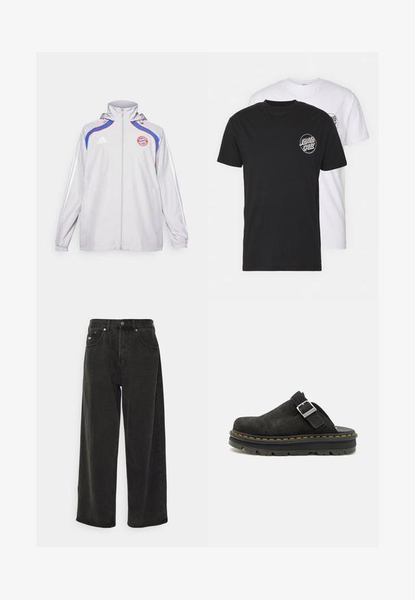 Jasnoszara kurtka wykonana z gładkiego materiału, z niebieskimi i czerwonymi akcentami, z zapięciem na zamek, kapturem oraz logo na klatce piersiowej. Elastyczne mankiety i kieszenie boczne.; Zestaw dwóch t-shirtów: jeden czarny, drugi biały. Oba z krótkim rękawem i okrągłym logo na piersi w kontrastowym kolorze. Materiał bawełniany.; Obey Clothing - Jeansy baggy; Czarne zamszowe klapki z regulowanym paskiem, z grubą czarną gumową podeszwą i kontrastującym żółtym przeszyciem wzdłuż krawędzi.