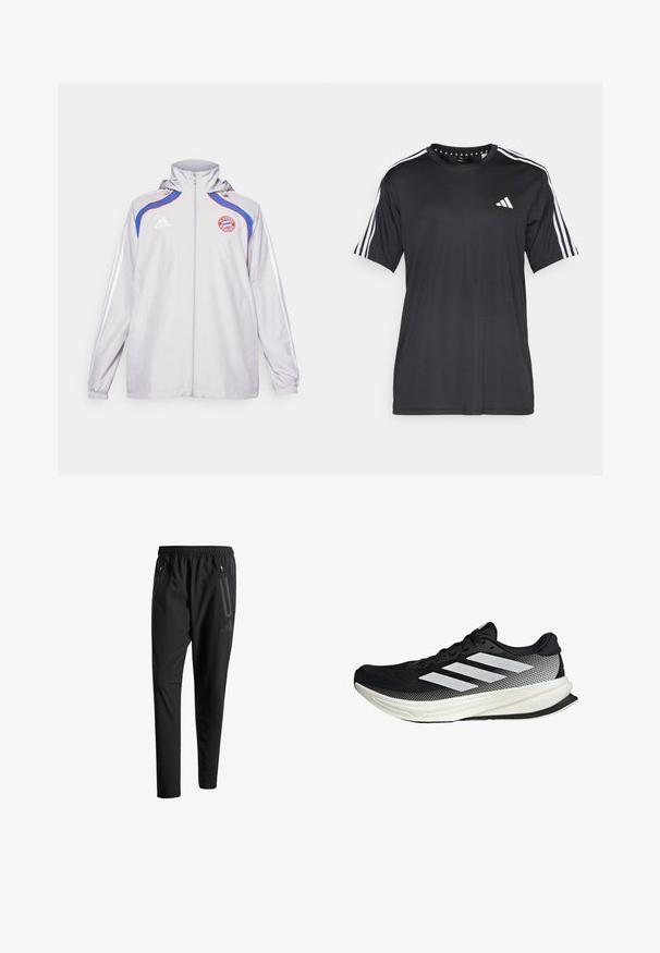 Lys grå jakke lavet af glat stof, med blå og røde detaljer, lynlås foran, hætte og logo på brystet. Elastiske manchetter og sidelommer.; Sort kortærmet t-shirt med hvidt tre-stribedesign på skuldrene og logo på brystet. Lavet af åndbart stof med en glat tekstur.; Sorte atletiske bukser med elastisk talje, to lynlåslommer på siden, tætsiddende ben og en diskret logo-detalje på hoften.; Sort atletisk sko med mesh-design, der har hvide striber, en rund tå og en tekstureret sål for greb og støtte.