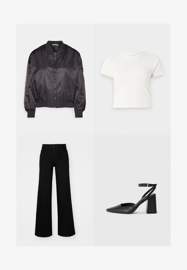 Fekete szatén bomberdzseki, cipzárral elöl, bordázott mandzsettákkal és gallérral. Lazán illeszkedő, sima textúrával rendelkezik.; Rövid, fehér, pamut póló, rövid ujjakkal, kerek kivágással és egyenes szegéllyel, sima textúrával és letisztult dizájnnal.; Fekete, bő szárú farmernadrág, amelynek állítható derékrésze van, övhurkokkal és elülső zsebekkel. Simaság jellemzi, klasszikus dizájnnal.; Fekete bőr, hegyes orrú magassarkú cipő boka pánttal és vastag sarokkal. Sima textúra, elegáns dizájn és minimális esztétika.