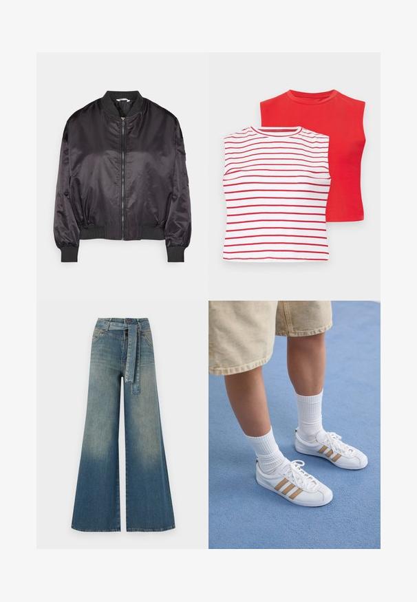 Svart sateng bomberjakke med glidelås foran, ribbestrikkede mansjetter og krage. Har en avslappet passform og glatt tekstur.; To skjorte med korte ermer: en rød ensfarget og en hvit med horisontale røde striper. Begge har rund halslinning og en myk bomullstekstur.; Bredde ben jeans med en lyseblå til mørkeblå gradient, høyt liv, beltehemper og et matchende belte i samme stoff. Teksturert denimoverflate.; Hvite joggesko med tre gullstriper, snøring, gummisåle, iført rillede hvite sokker og beige shorts på en blå overflate.