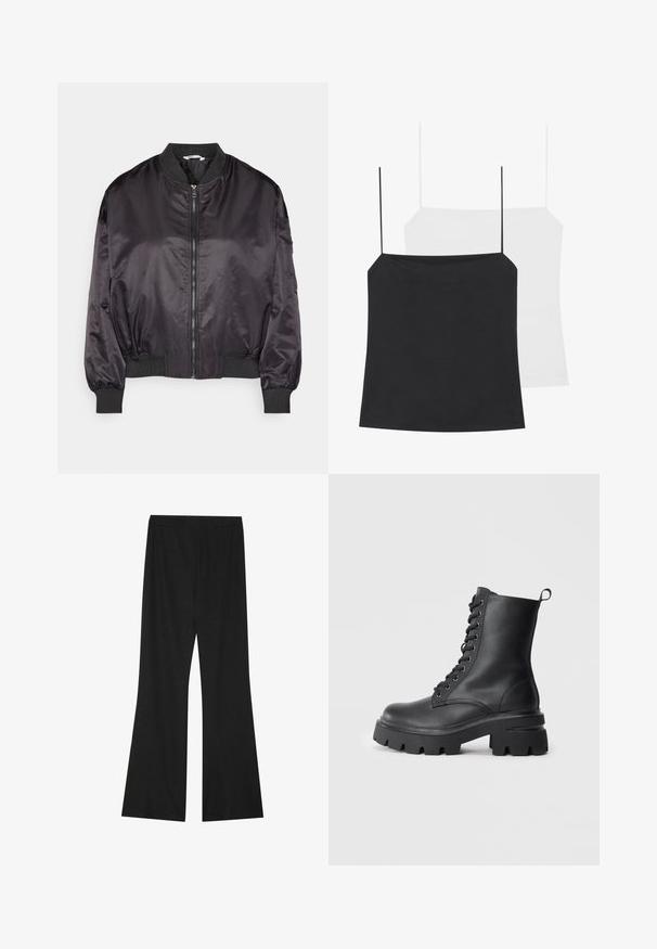 Giubbotto bomber in satin nero con zip frontale, polsini e colletto a coste. Presenta una vestibilità rilassata e una texture liscia.; Sono mostrati due top in stile canotta: uno nero e uno bianco. Entrambi hanno spalline sottili e un design aderente realizzato in un tessuto liscio e elastico.; Pantaloni neri a flare con tessuto testurizzato, dotati di una cintura elastica e una vestibilità ampia, progettati per comfort e libertà di movimento.; Stivali neri in pelle con lacci, suola spessa, punta arrotondata e parte superiore texturizzata. Presentano occhielli in metallo e una piccola linguetta sul retro.