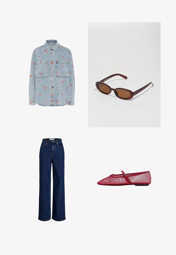 Camisa de mezclilla azul claro con mangas largas, dos bolsillos en el pecho y bordados de flores rojas dispersos. Cierre frontal con botones plateados.; Top envolvente rojo hecho de una tela suave, con cuello alto, dos bolsillos frontales, un cinturón y un diseño holgado.; Jean de mezclilla oscuros de tiro alto, con perneras anchas, botón frontal y diseño de cinco bolsillos.; Bailarinas de malla roja con punta afilada, que cuentan con una delgada correa y detalle de hebilla. La parte superior tiene un patrón abierto en forma de panal.; Gafas de sol redondas con tinte marrón y un marco burdeos brillante. Patillas delgadas con un sutil detalle de marca. Diseño de lentes planos.