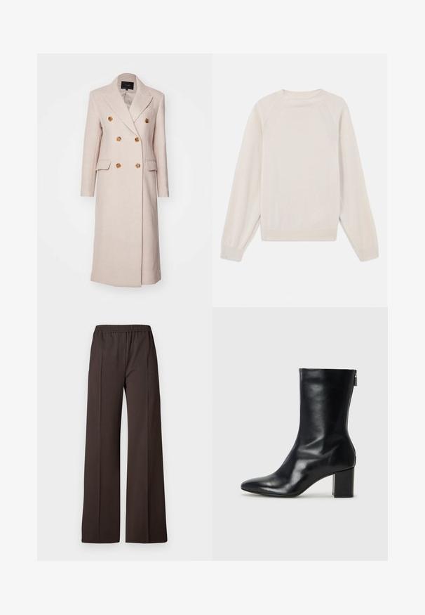 Kaksirivine mantel heledast roosast kangast, millel on kuldseid nuppe, lõhnalapiga krae ja kaks esi-taskut. Pikk, sirge siluett.; Hele koorvalge kampsun, mis on valmistatud pehmest kudumiskangast. Omab ümarat kaelust, pikki varrukaid ning soonikuga mansette ja äärt, koos raglaansleeve kujundusega.; Laiad sääred tumedast pruunist kangast püksid, elastse vöökohtaga, millel on sile tekstuur ja puhtad jooned, et saavutada kohandatud välimus.; Must musta ankle boot teravaid varvastega ja 4 cm plokknõela. Suurepärase disainiga, millel on külgrihm lihtsaks läbi panemiseks. Sile tekstuur.