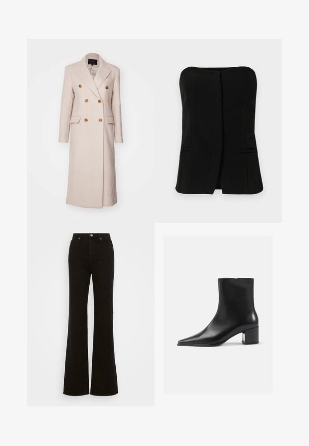 Dobbeltknappet frakke i lyserødt stof, med guldtonede knapper, krave med hak og to forlommer. Lang, lige silhuet.; Sort, ærmeløs top med en lige halsudskæring, frontlukning og to skjulte sidelommer. Glat stof med en skræddersyet design.; Høj talje sorte flare jeans lavet af denim, med knaplukning, sidelommer og en glat tekstur.; Sort læder ankelstøvle med spidse tæer, glat tekstur og mellemhøj blokhæl. Minimalistisk design, lynlås lukning bagpå.