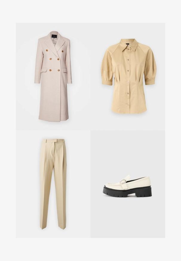 Dobbeltknappet frakke i lyserødt stof, med guldtonede knapper, krave med hak og to forlommer. Lang, lige silhuet.; Beige skjorte med knaplukning, korte puffærmer, spredt krave og sømdetaljer. Lavet af glat stof med frontknaplukning.; Beige skrædderbukser med lige snit, der har læg, en taljeværdig og en glat tekstur. Ingen synlige lommer eller udsmykninger.; Hvide læder loafers med en kraftig sort platformsål, der har en rektangulær sølvspænde og synlige syninger på overdelen.