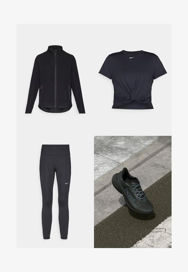Sort fleecejakke med høj krave, fuld frontlynlås og to sidelommer med lynlås. Har en struktureret overflade og rundet kant.; Sort atletisk t-shirt lavet af glat stof, med et knyttet frontdesign og et lille hvidt Nike-logo på brystet.; Sorte leggings lavet af strækbart stof, med en høj talje og et hvidt Nike-logo på venstre lår. Glat tekstur, tætsiddende design.; Sort løbesko med mesh-overdel, teksturerede detaljer og logo, der har en polstret sål og grå snørebånd, placeret på fortovet.