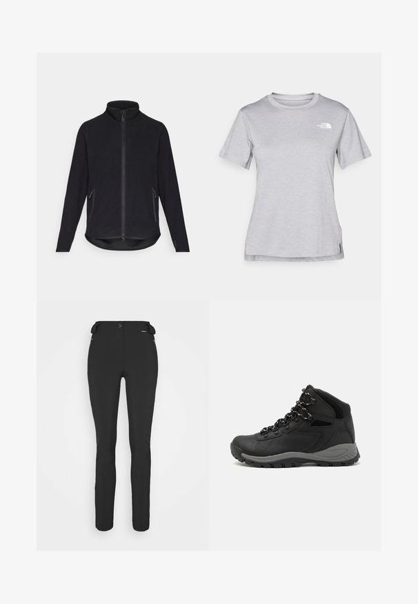 Jachetă din fleece neagră cu guler înalt, fermoar pe întreaga lungime a frontului și două buzunare laterale cu fermoar. Are o suprafață texturată și un tiv curbat.; Tricou scurt cu mânecă gri, fabricat dintr-un material moale, care absoarbe umezeala. Are un guler rotund și un mic logo alb în partea stângă sus.; Pantaloni negri, ajustați, confecționați dintr-un material flexibil. Caracteristici includ un buzunar cu fermoar pe lateral, genunchi articulați și o textură netedă.; Botă de drumeție neagră cu un design mediu, având un material texturat, accente gri și o talpă din cauciuc durabilă cu crampoane pentru aderență.