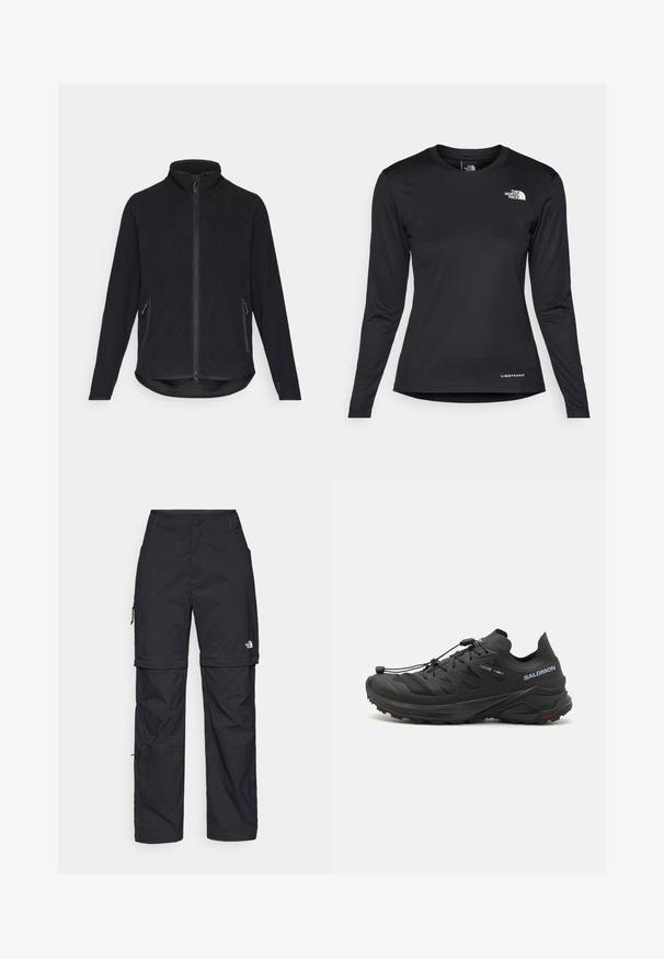 Black fleece jacket with a high collar, full front zipper, and two side zippered pockets. Features a textured surface and curved hem.; The North Face SHADOW LONG SLEEVE - Long sleeved top - black; Black nylon zip-off cargo trousers with adjustable cuffs, multiple pockets, and a logo on the right leg. Smooth, lightweight texture.; Black trail running shoes with a textured upper, mesh panels, and a secure fastening system. Features a rugged outsole for traction.