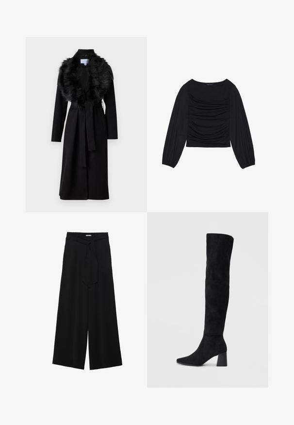 Garšs melns mētelis ar mākslīgā pūka apkakli, jostu viduklī un garām piedurknēm. Iedomāts ar gludu faktūru un vienkāršu, elegantu dizainu.; Melna garā piedurkne tops ar savilktām auduma detaļām priekšā un pie plaukstām, izgatavots no mīksta, elastīga materiāla ar laivu kakla izgriezumu.; Melni platleņķa bikses ar teksturētu audumu, elastīgu jostu un noņemamu siksnu viduklī, kas nodrošina regulējamu piegulšanu.; Melna zamšāda līdz ceļiem, ar blokveida papēdi, norādītu purngalu un gludu, bezšuvju dizainu uz vienkārša gaiša fona.
