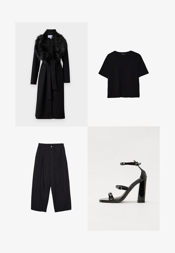 Langer schwarzer Mantel mit einem Kunstfellkragen, tailliertem Schnitt und langen Ärmeln. Hat eine glatte Textur und ein schlichtes, elegantes Design.; Schwarzes T-Shirt mit kurzen Ärmeln aus Baumwolle. Verfügt über einen runden Ausschnitt und einen lockeren Schnitt mit einer glatten, einfarbigen Textur. Keine sichtbaren Muster oder Akzente.; Schwarze Polyester-Culotte mit einem elastischen Bund, zwei vorderen Falten und einer lockeren Silhouette. Keine sichtbaren Muster oder Hardware-Details.; Schwarze patentierte Sandalen mit Absatz, quadratischer Spitze, Knöchelriemen und silbernen Schnallen. Mit einem stabilen Blockabsatz für mehr Stabilität.