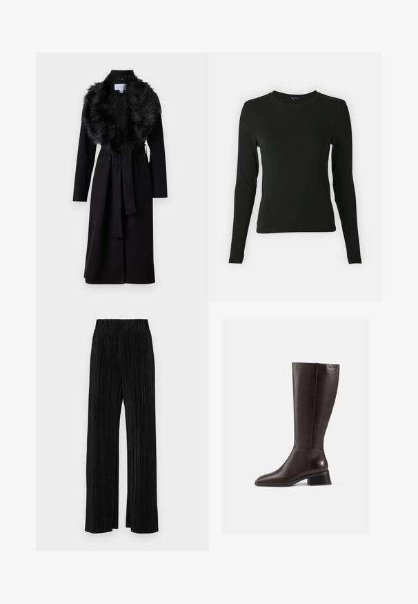 Um longo casaco preto com um colarinho de pelúcia sintética, cintura cingida e mangas longas. Apresenta uma textura suave e um design simples e elegante.; Camisa preta de mangas longas feita de um tecido suave, com decote redondo e forma ajustada, sem padrões ou detalhes visíveis.; Calças pregueadas pretas com uma cintura elástica. Apresentam pernas largas e um tecido liso, texturizado com riscas verticais.; Botas de couro castanho até ao joelho com um acabamento suave, bico redondo e um salto preto empilhado. Design simples com detalhes de hardware mínimos.
