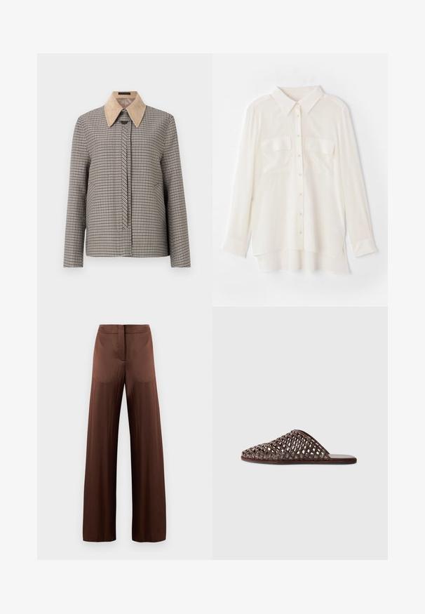 Gekarteld overhemd met een beige corduroy kraag. Beschikt over lange mouwen, een knopenlijst aan de voorkant en een textuurpatroon in de stof.; Witte overhemd met knopen, gemaakt van lichtgewicht stof. Heeft een klassieke kraag, twee borstzakken en een iets langere achterkant.; Bruine wijde broek gemaakt van een gladde, lichte stof, met een rechte voorkant, zonder zakken en een rechte silhoutte.; Bruine geweven slider-sandaal met een ronde neus, open ontwerp, platte zool en een textuur. Lichtgewicht materiaal en een minimalistische silhouette.