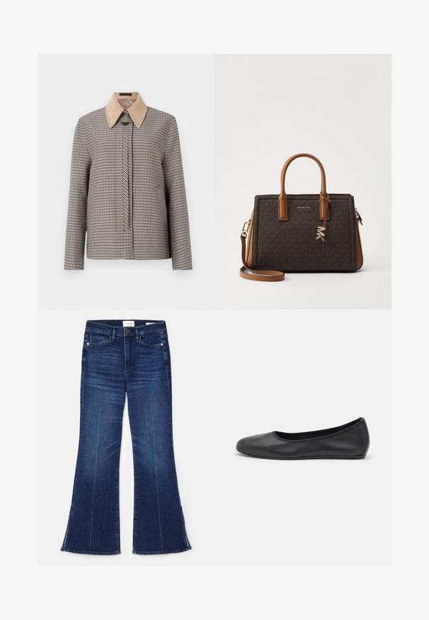 Gekarteld overhemd met een beige corduroy kraag. Beschikt over lange mouwen, een knopenlijst aan de voorkant en een textuurpatroon in de stof.; Witte blouse met een ronde halslijn, geplooide voorkant en driekwart pofmouwen. Gemaakt van lichtgewicht stof met een zachte textuur.; Donkerblauwe uitlopende jeans gemaakt van denim. Beschikt over een hoge taille, voorzakken en splitdetails aan de zoom. Klassiek vijfzakontwerp.; Zwarte leren ballerina met een ronde neus, gladde textuur, minimale stikdetails en een flexibele zoolontwerp.; Bruine leren handtas met een monogram patroon, dubbele bovenhandvaten, een afneembare schouderriem, gouden hardware en een logo charm.