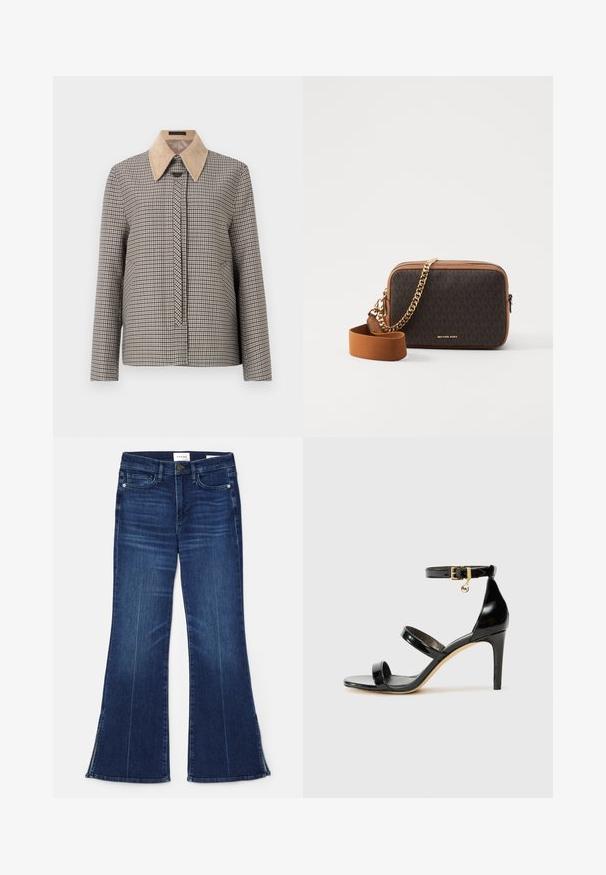 Gekarteld overhemd met een beige corduroy kraag. Beschikt over lange mouwen, een knopenlijst aan de voorkant en een textuurpatroon in de stof.; Witte blouse met een ronde halslijn, geplooide voorkant en driekwart pofmouwen. Gemaakt van lichtgewicht stof met een zachte textuur.; Donkerblauwe uitlopende jeans gemaakt van denim. Beschikt over een hoge taille, voorzakken en splitdetails aan de zoom. Klassiek vijfzakontwerp.; Zwarte gepatineerde leren sandaal met drie banden, enkelgesp en 10 cm hoge stiletto hak. Bevat gouden hardwaredetails en een logo charm.; Bruine crossbodytas met een patroontje, voorzien van een gouden ketting en stoffen schouderband, met een ritssluiting en een reliëflogo aan de voorkant.